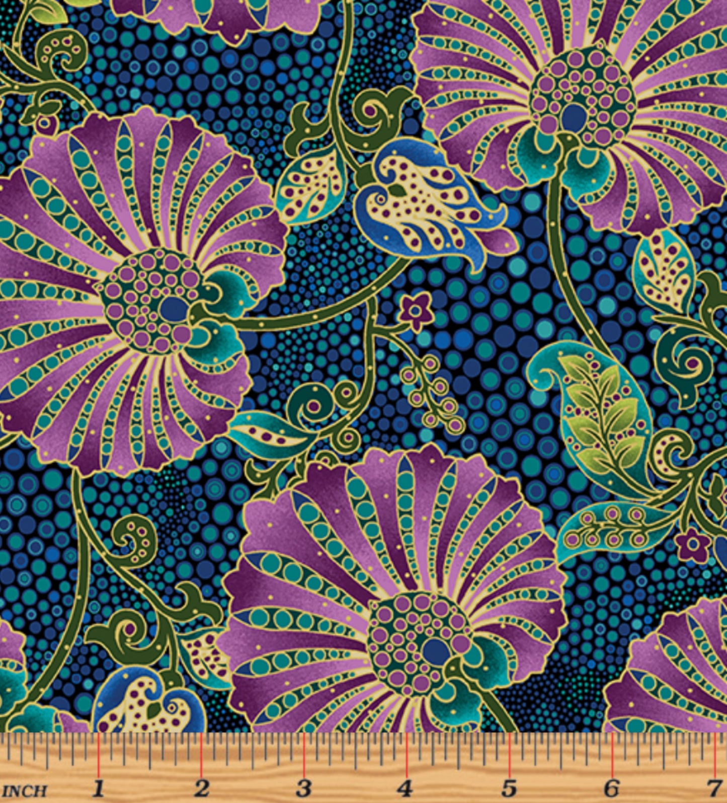 Fanflower Fabric in Teal - Shangri La Collection - Painted Sky Studio for Benartex