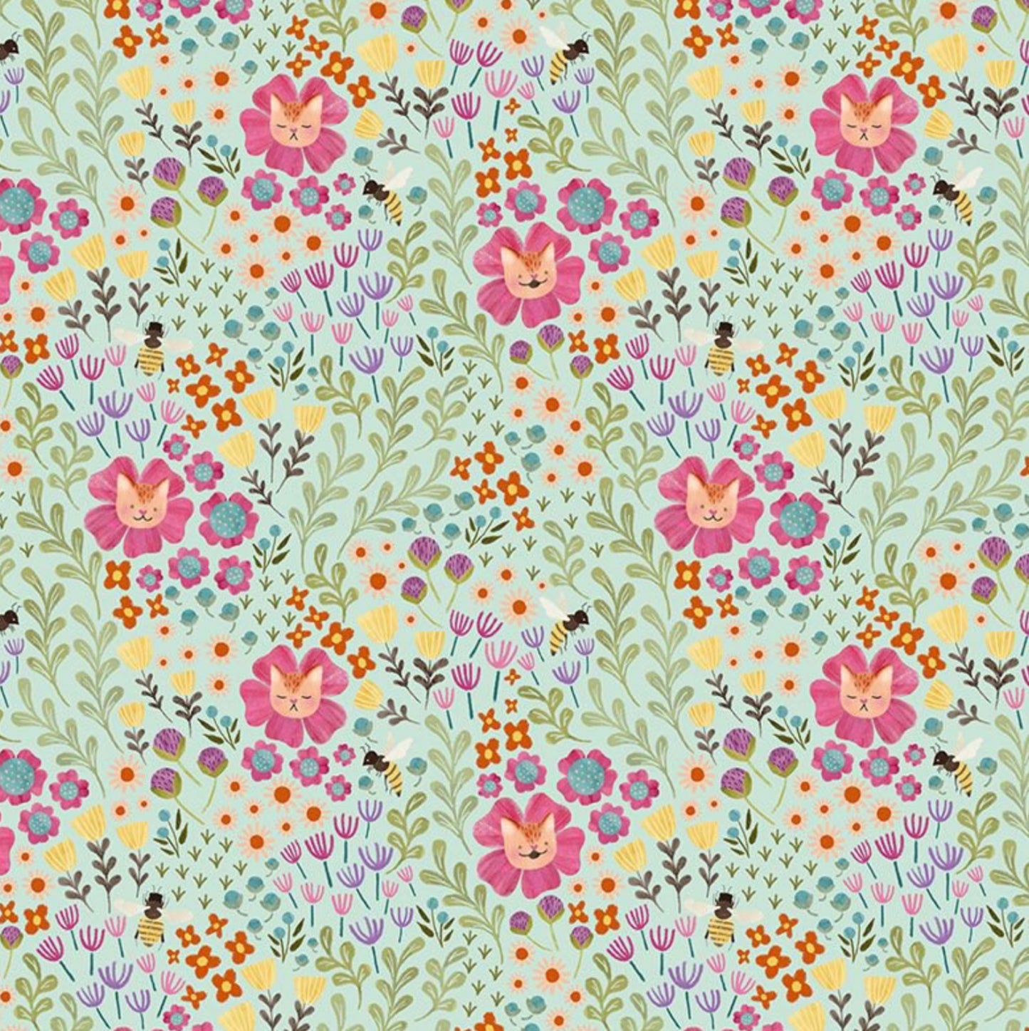 Feline Floral Fabric from the Curious Garden Collection by Pammie Jane for Dear Stella Fabrics. Light green cotton floral with hidden kitties in the pink flowers. Purrfect for cat lovers everywhere!