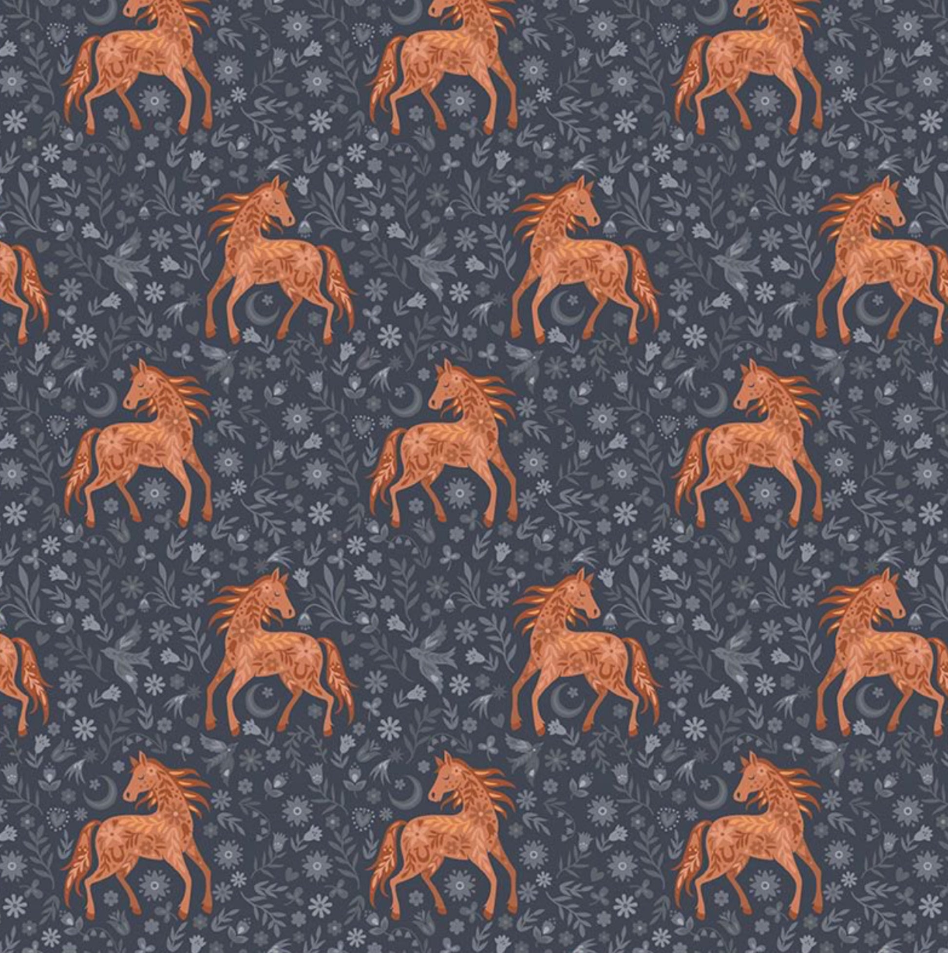 Filly - from the Full Moon Collection by Sear Stella Fabrics. Western-themed fabric featuring horses set against a gray floral background. 100% cotton, digitally printed.