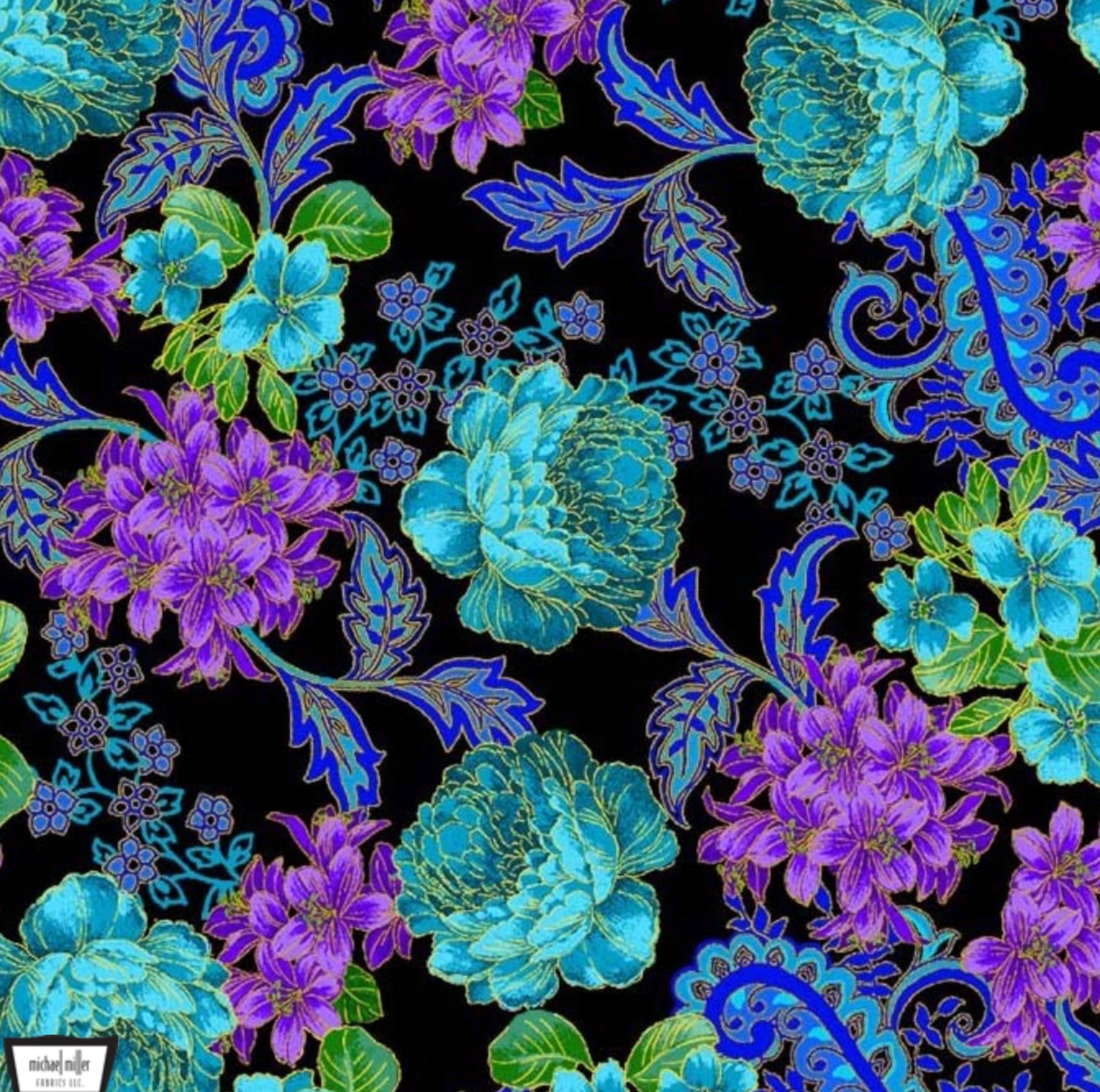 Flowery Scrolls Fabric from the Opulent Collection by Micheael Miller Fabrics. Lush Florals and Paisleys in purple, blue, and teal with metallic accents. 