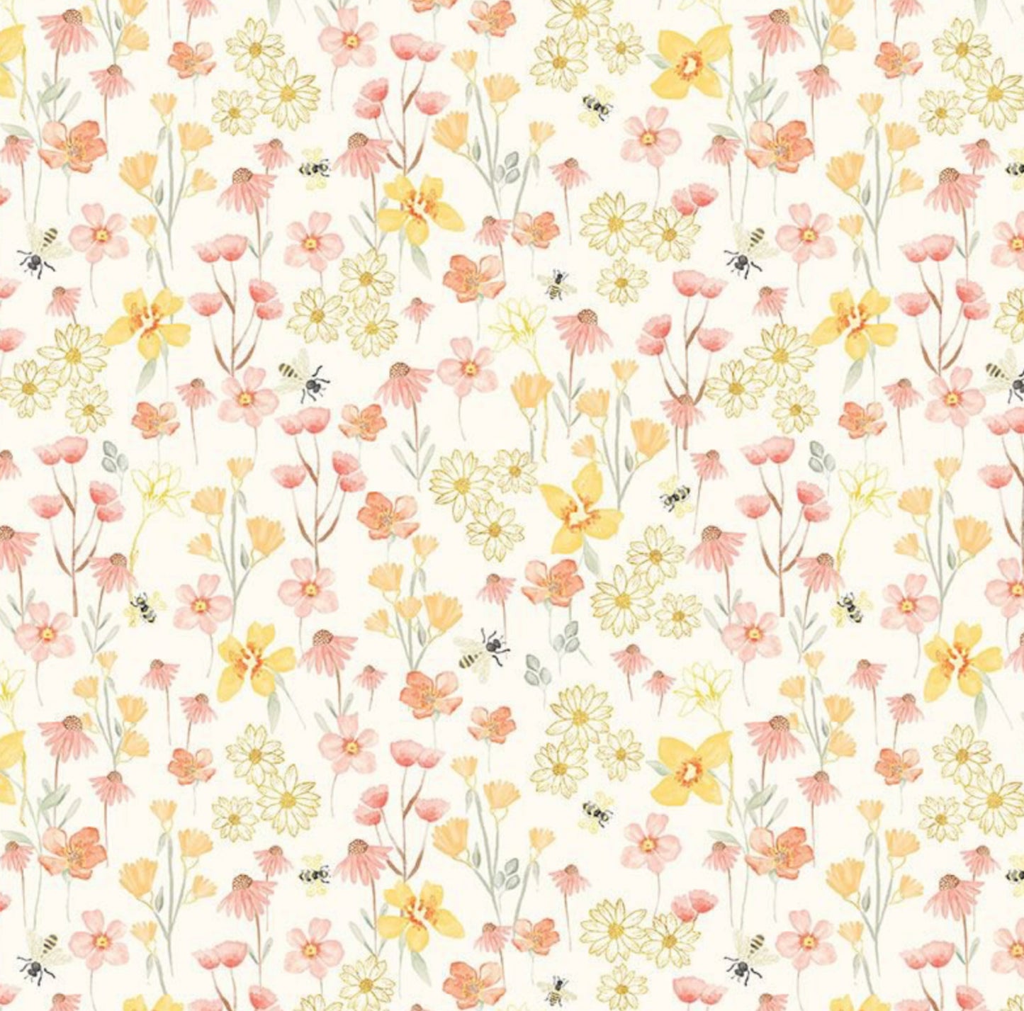 Flying Bees & Florals Fabric - Home Sweet Home Collection - Delicate Bees with light pink and yellow flowers on a white background. Timeless Treasures