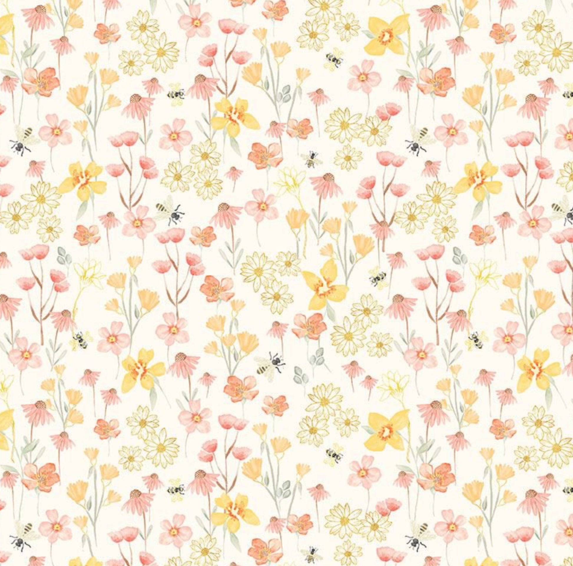 Flying Bees & Florals Fabric - Home Sweet Home Collection - Delicate Bees with light pink and yellow flowers on a white background. Timeless Treasures