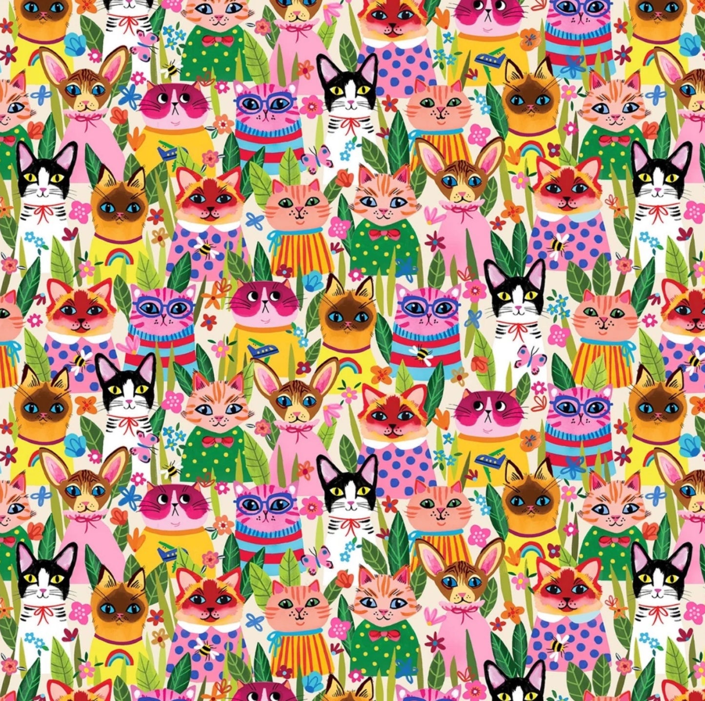 Funny Felines from the Puddy Cat Collection by emma Jane for Michael Miller Fabrics. A rainbow of cute cats on a light cream cotton fabric.