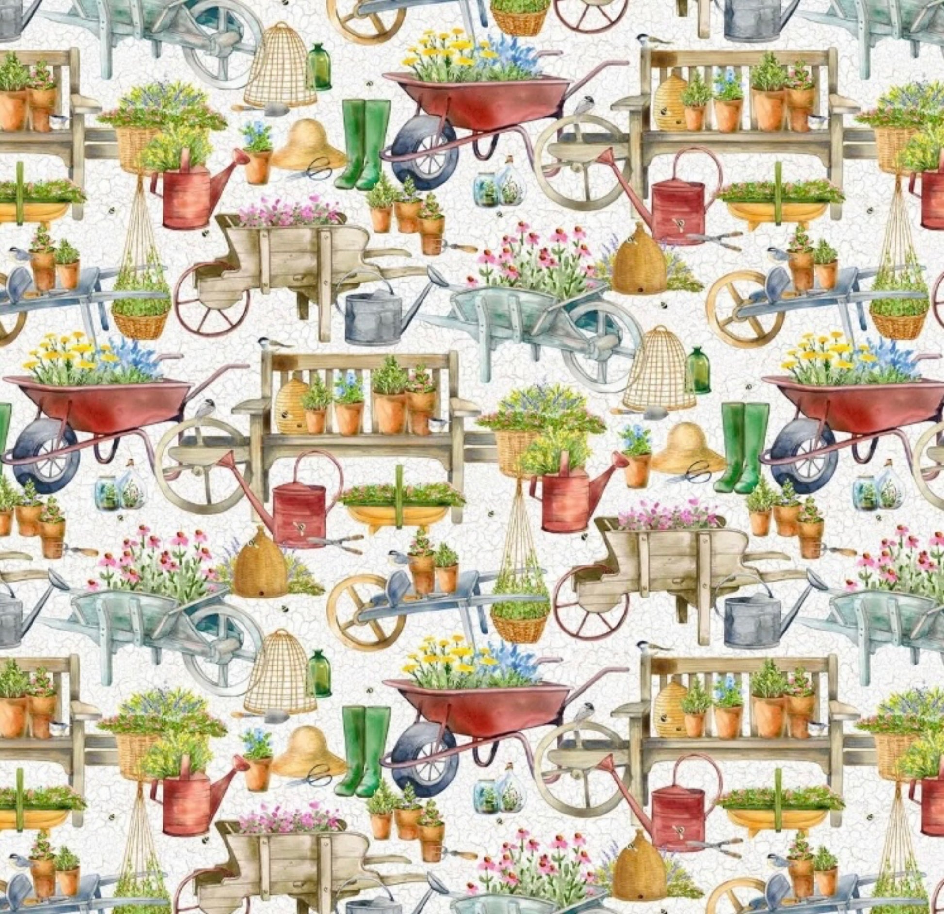 Garden Features Fabric - Plant With Love Collection by Sherri Buck Baldwin for Northcott Fabrics - white Multi