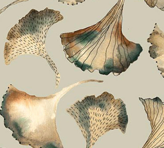 Green Ginko Leaves - from the Autumn Forage Collection by Boccaccini Meadows for Figo Fabrics. Pale green ginko leaves on a pale green background.