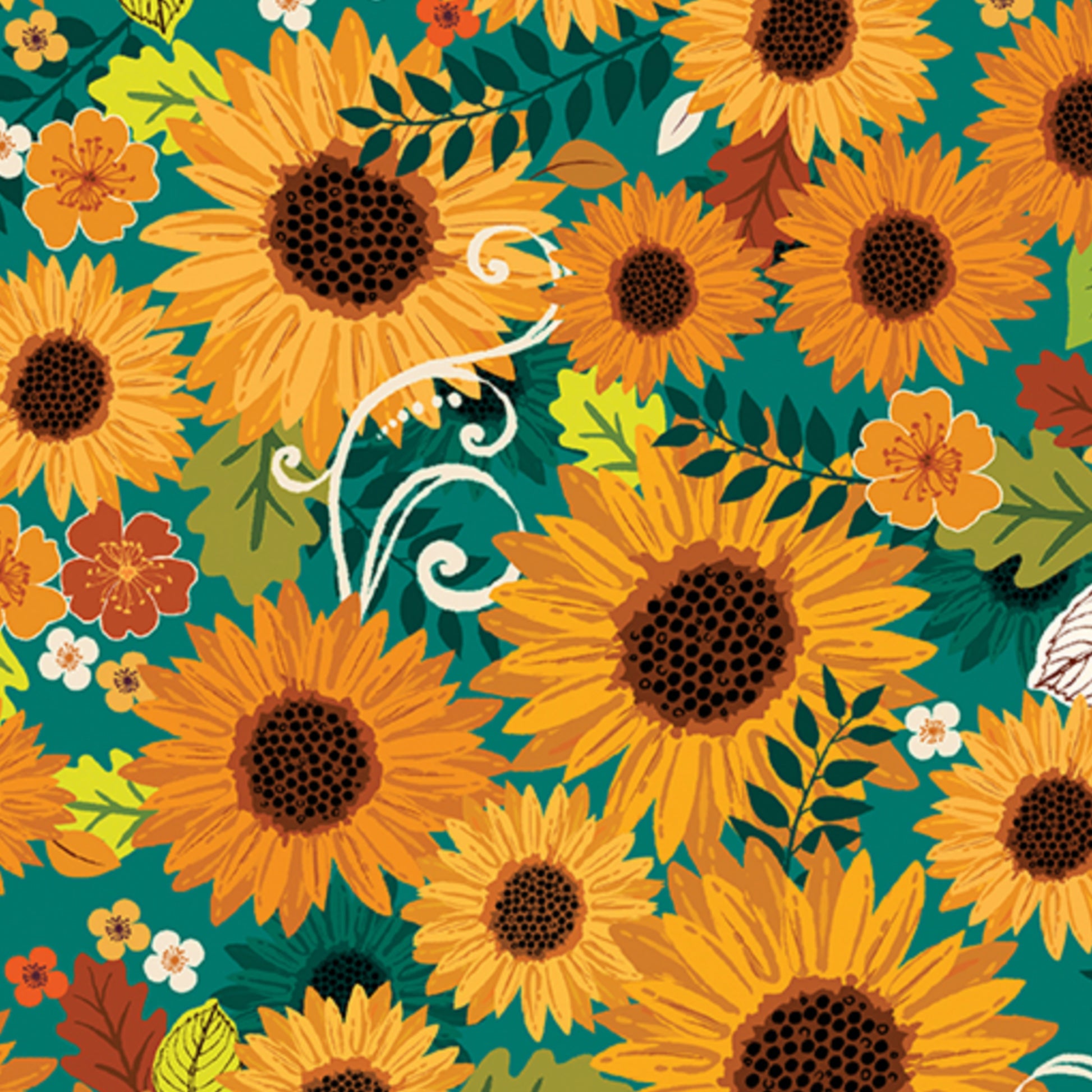 Harvest Sunshine - Gather Together Collection by Kanvas Fabrics - Bold Sunflowers on a teal background. 100% cotton, digitally printed.