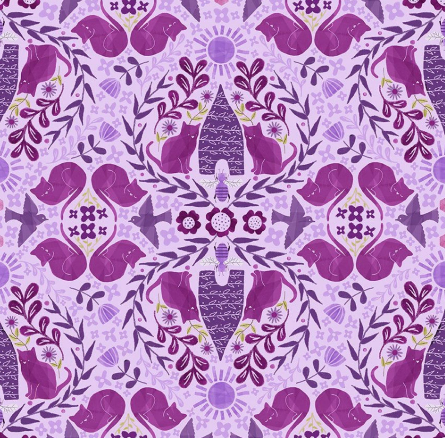 Hive Mind Fabreic in Grape - from the Curious Garden Collection by Pammie Jane for Dear Stella Fabrics - light purple fabric with hidden cats and beehives.