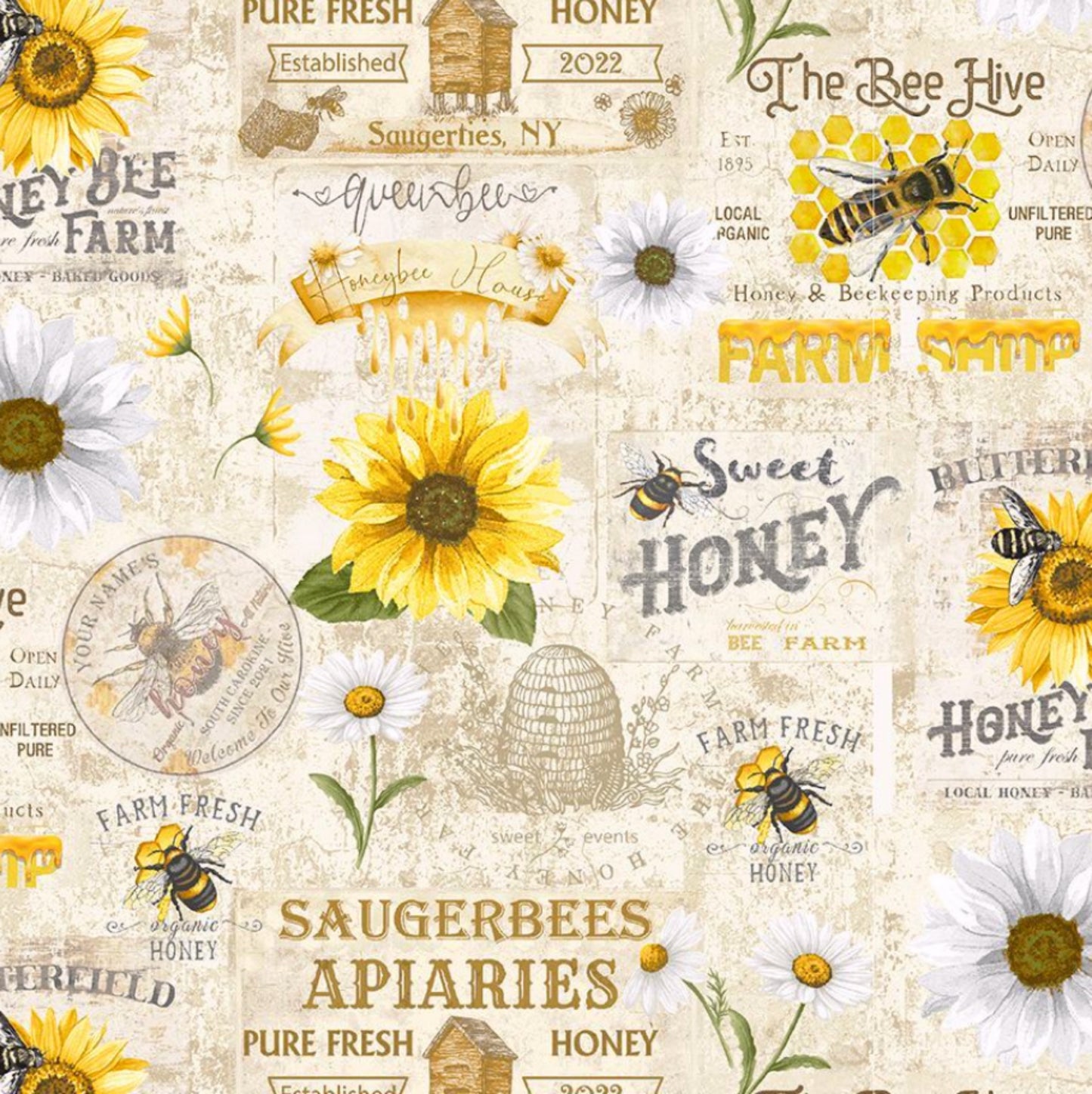 Vintage Bee Farm Sign Fabric from the Honey Bee Farm Collection by Timeless Treasures