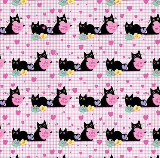 I Love Mew Fabric - Hugs and Purrs Collection by Leezaworks for Dear Stella Design. adorable cats holding candy hearts. 100% cotton, digitally printed.