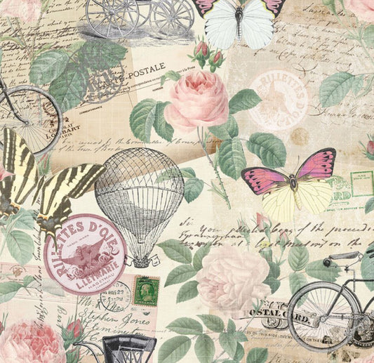 Jardin Postcard Collage Fabric - Timeless Treasures Jardin Collection