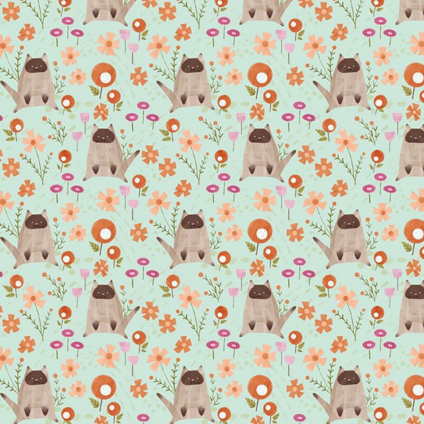 Lazy Kittens - Lazy Sunday Collection by Pammie Jane for Dear Stella Fabrics. Cats and flowers on a light mint green background. 100% cotton, digitally printed.