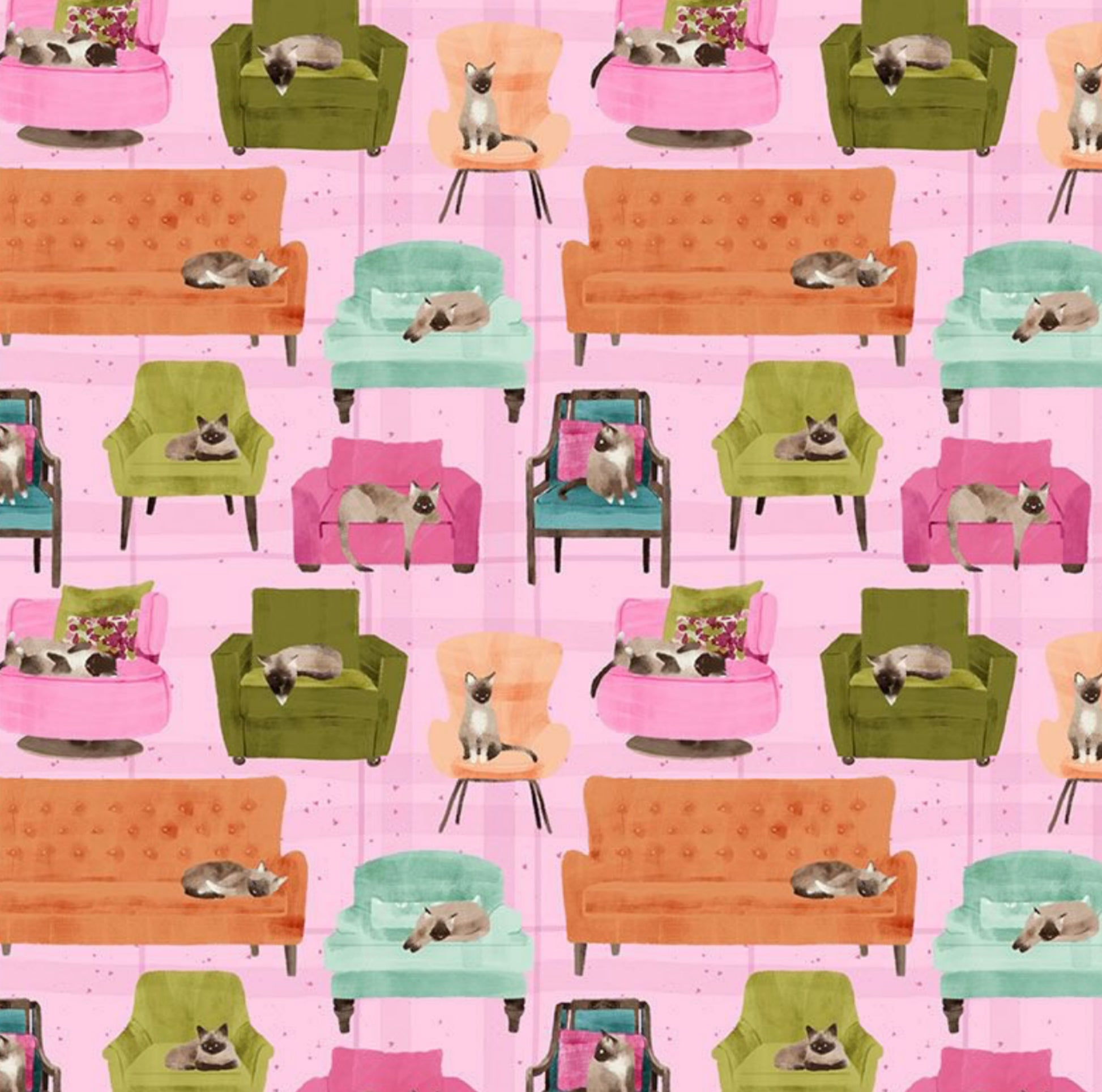 Lounge Cats - Lazy Sunday Collection by Pammie Jane for Dear Stella Fabrics. Cats lounging on chairs on a pink background. By Pammie Jane for Dear Stella Fabrics. 100% cotton fabric, digitally printed.