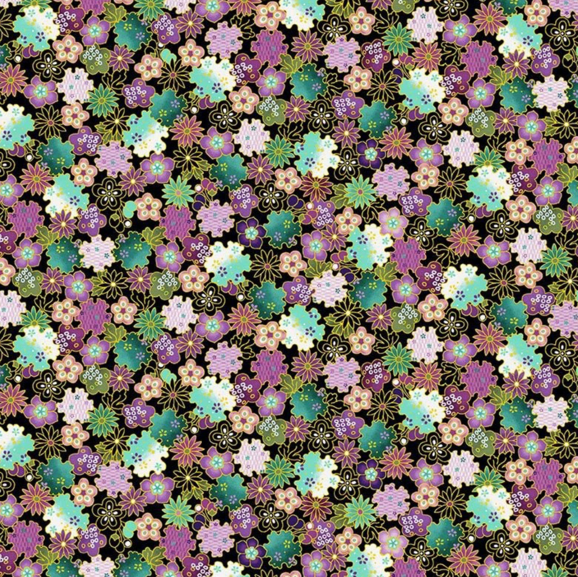 Shizuka - Metallic Geo Floral by Chong A Hwang for Timeless Treasures. Packed floral with metallic accents. CM3166-MULTI - 100% cotton, digitally printed.