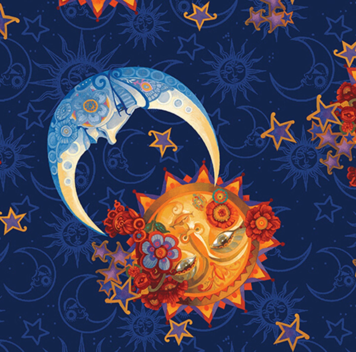 Moon and Sun - Navy - from the Moon and Sun Collection from Artistry Fabrics - Celestial themed, Moon faces, Sun faces and florals on a navy background. 100% cotton, digitally printed.