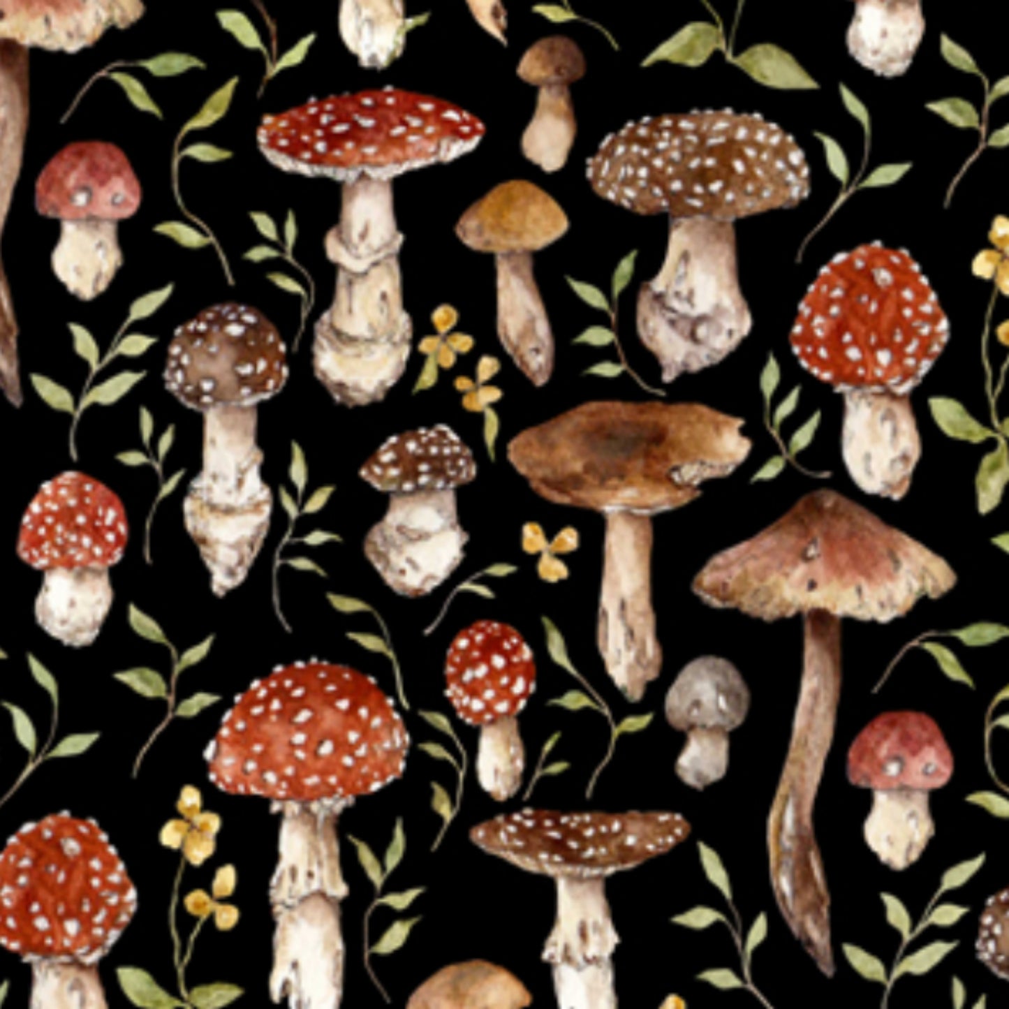 Mushrooms - Heavenly Hedgerow Collection from Figo Fabrics - Black Multi
