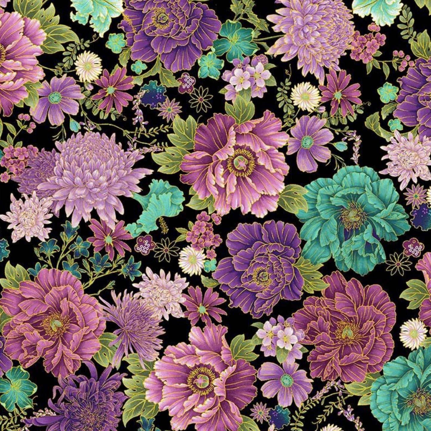 Shizuka - Packed Asian Floral - by Chong A Hwang for Timeless Treasures. Florals set against a black background. CM3163-BLACK - 100% cotton, digitally printed.