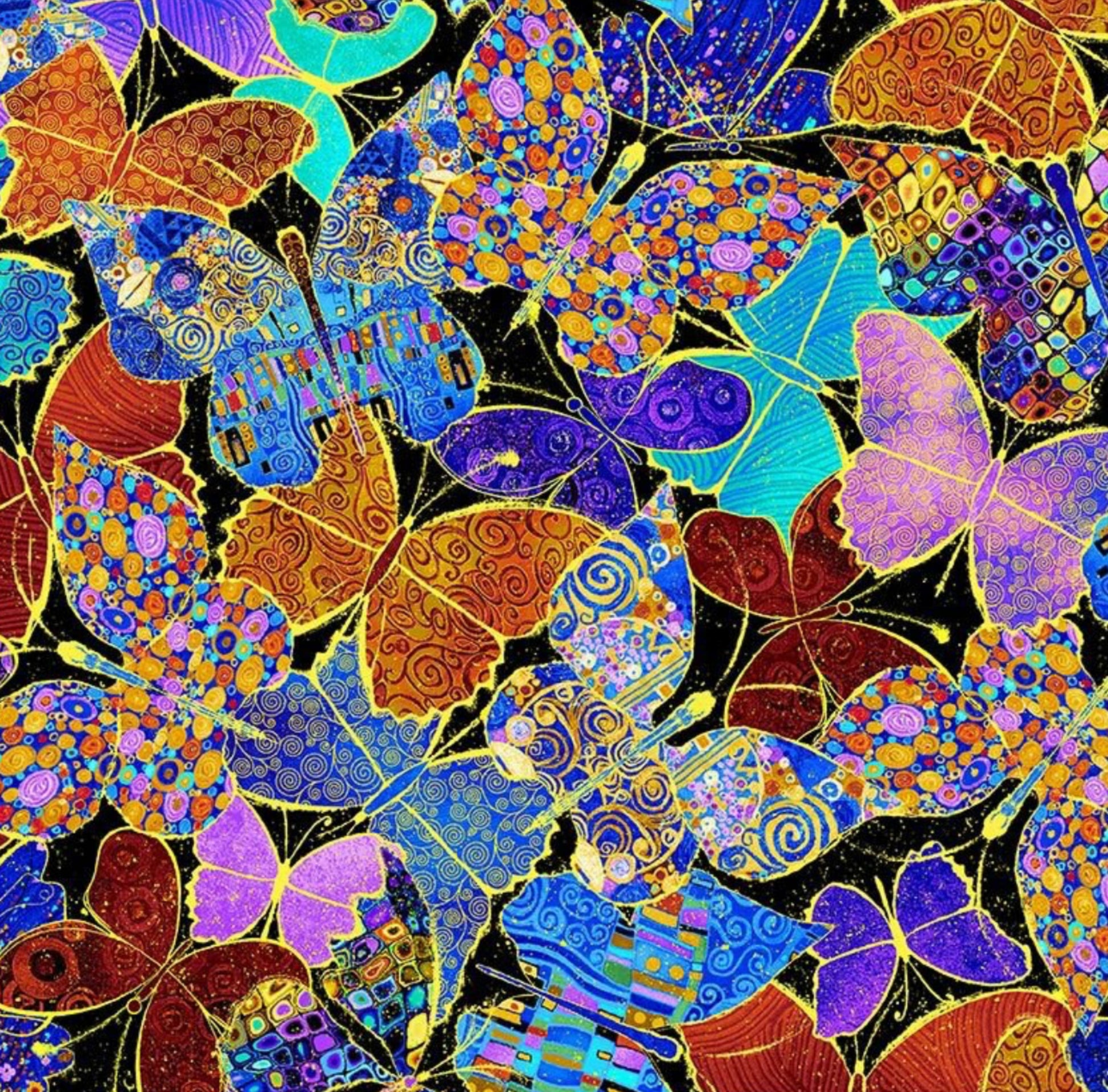 Packed Metallic Butterflies by Chong A Hwang for Timeless Treasures Fabrics - Wings of Gold Collection. Vibrant butterflies with metallic gold accents.
