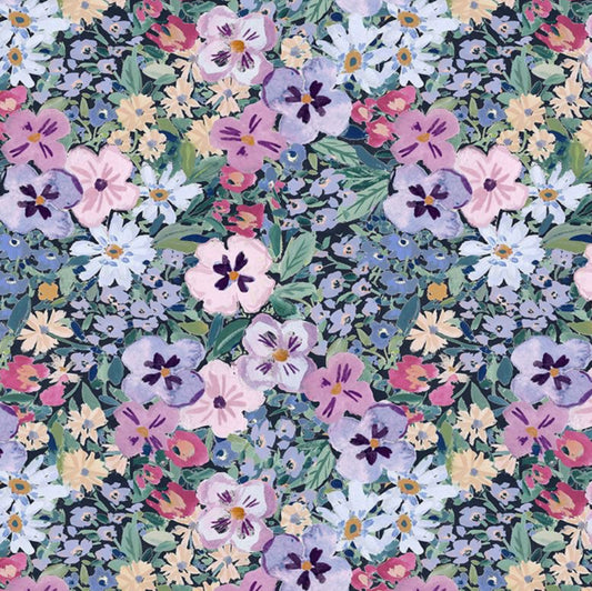 Pansy Garden Fabric from the Spring it On Collection by Clara Jean for Dear Stella Fabrics. Pretty pastel pansies, coordinates with the Cat Garden Fabric from the same collection.
