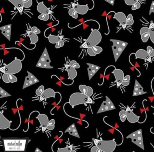 Parisian Mice Fabric - Michael Miller Fabrics. Cute Mice on a black background.