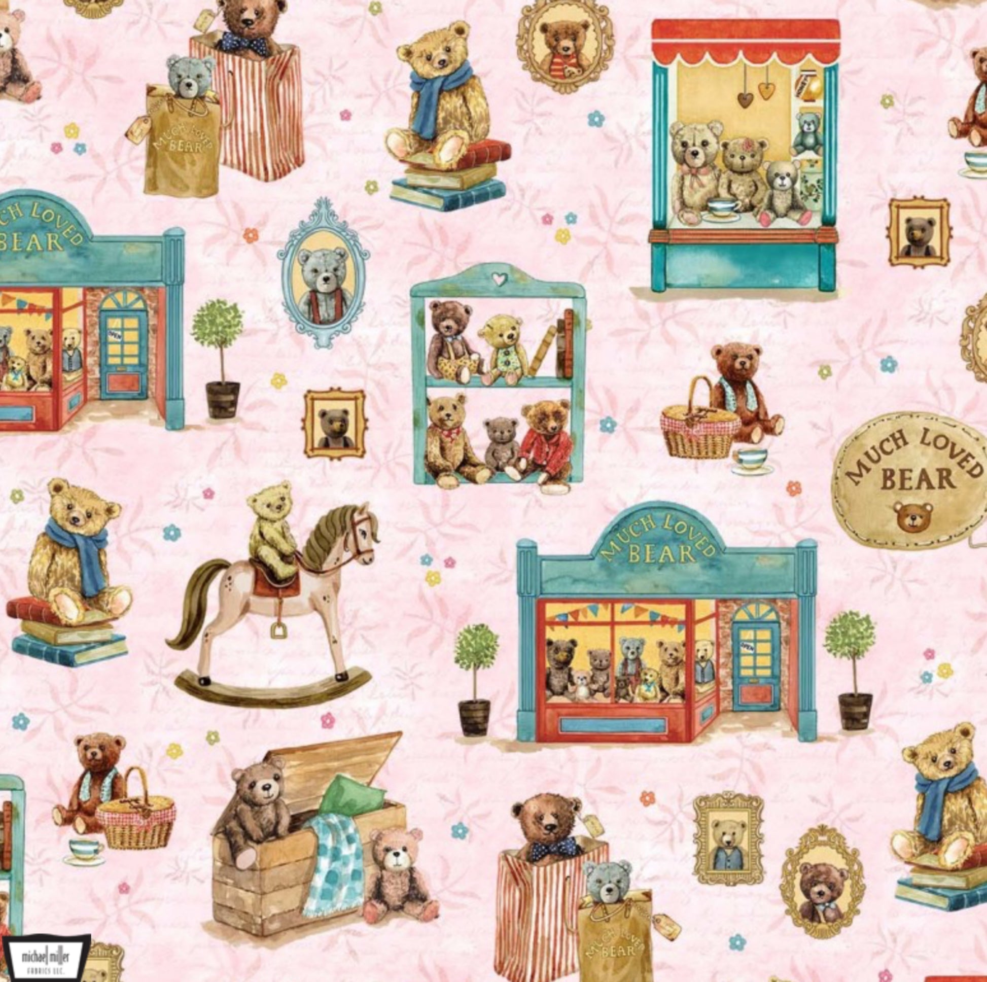 Paws for Thought Fabric from the Much Loved Bear Collection by Louise Nisbet for Michael Miller Fabrics. Teddy Bear fabric on a light pink cotton fabric.