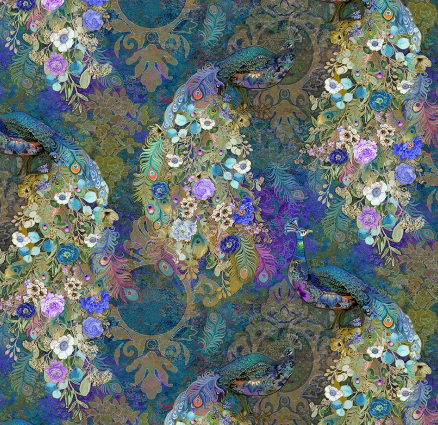Peacock Bird Floral Fabric from the Flourish collection from timeless Treasures Fabrics
