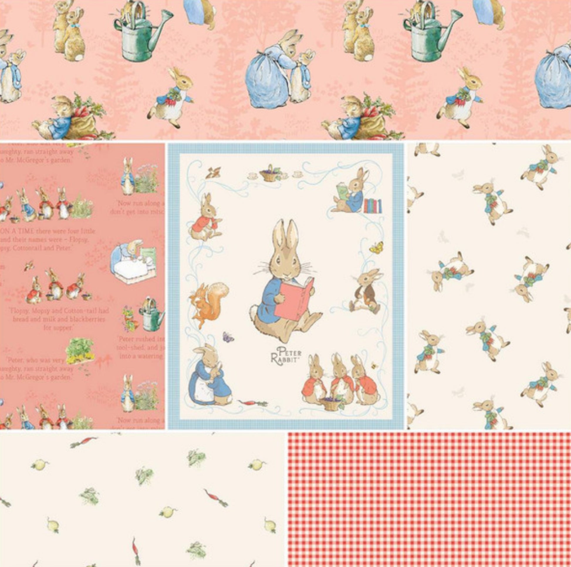 The Tale of Peter Rabbit 1 Yd Bundle in Coral from Riley Blake Designs - Contains six 1 yd cuts of the fabrics shown including the main fabric panel of Peter Rabbit and Friends. 100% cotton, digitally printed.