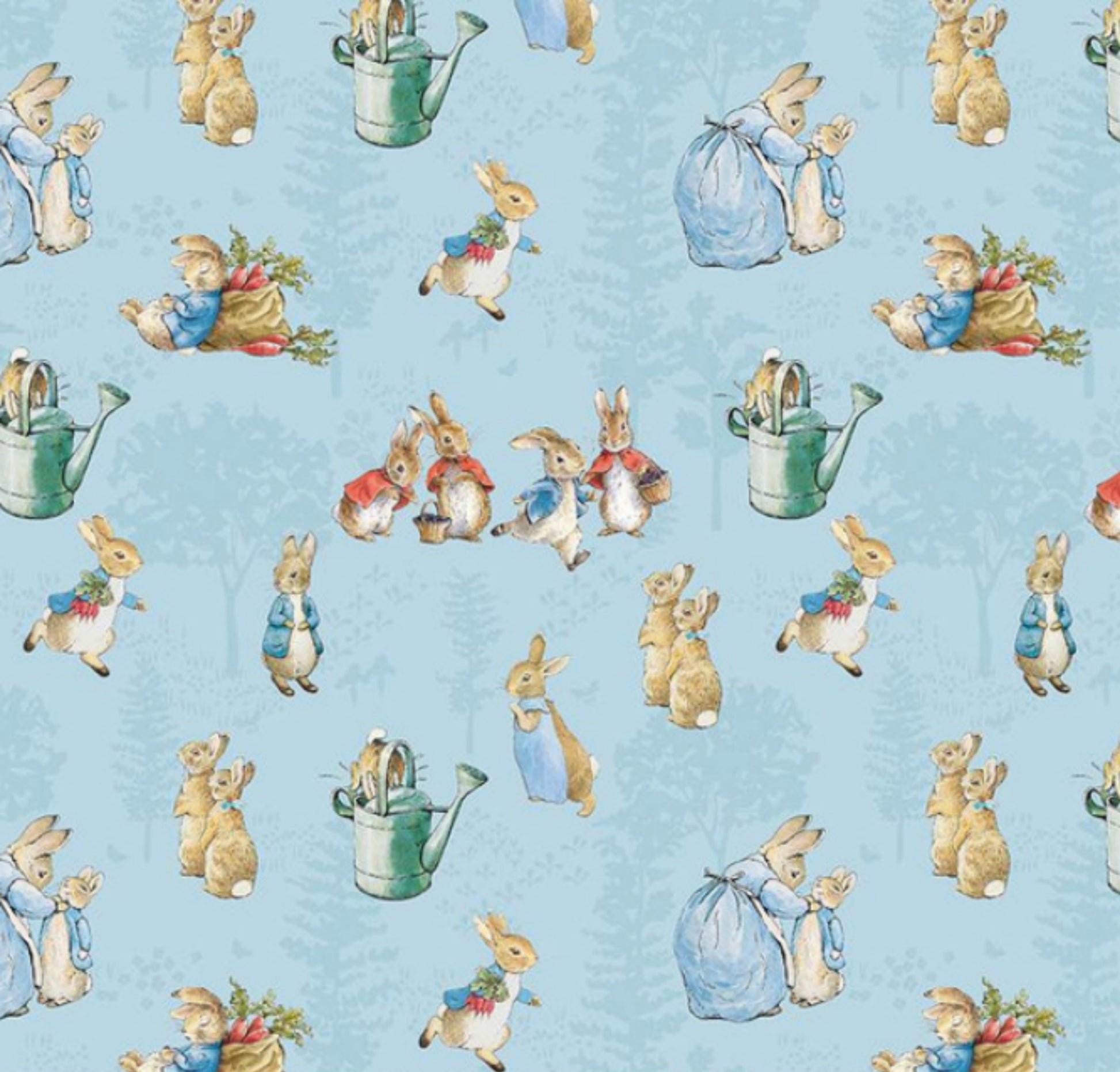 The Tale of Peter Rabbit - Blue - Main fabric featuring characters from the beloved story by Beatrix Potter. By Riley Blake Designs, 100% cotton, digitally printed.