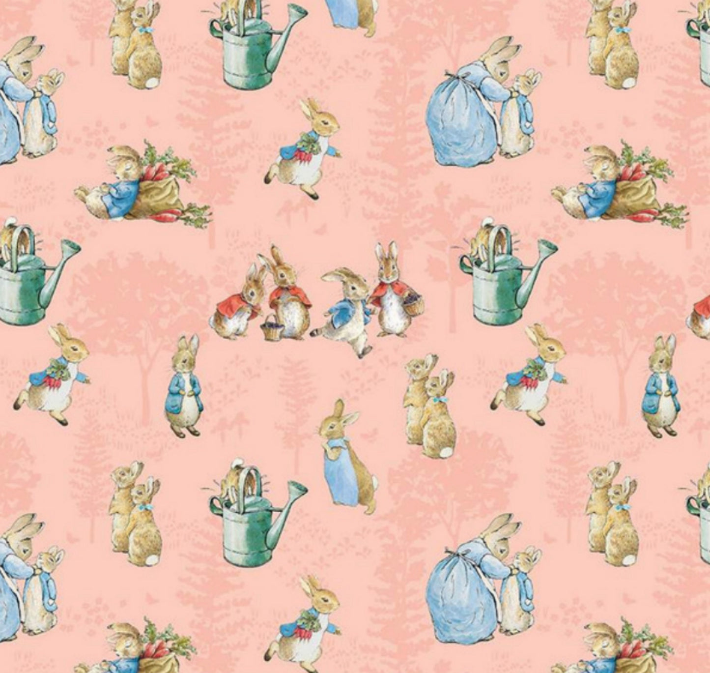 The Tale of Peter Rabbit - Main Fabric - Coral - featuring characters from the beloved tale by Beatrix Potter. 100% cotton, digitally printed.