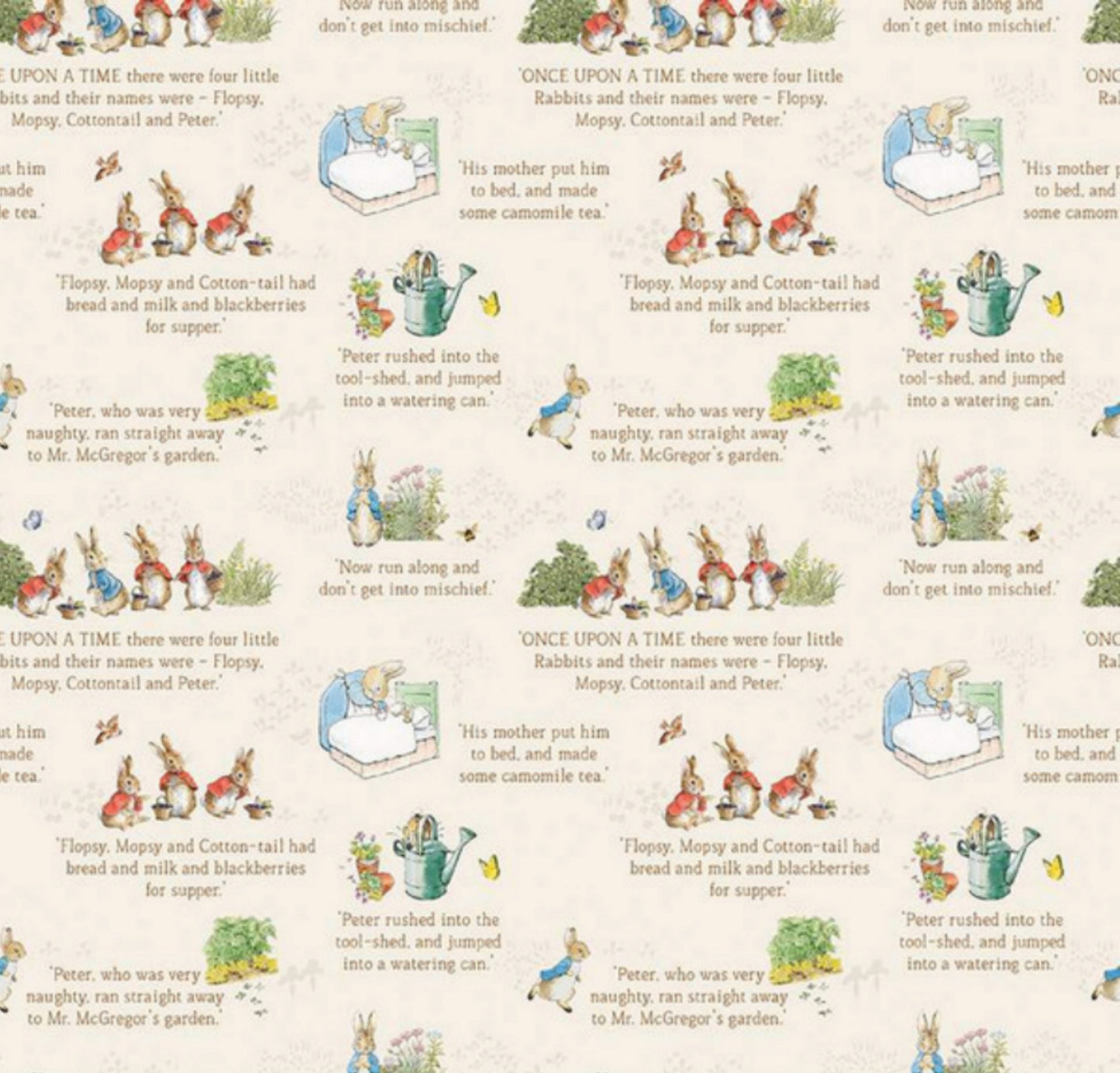 The Tale of Peter Rabbit - Text- Cream - featuring characters from the beloved tale by Beatrix Potter. From Riley Blake Designs - 100 Cotton, digitally printed.