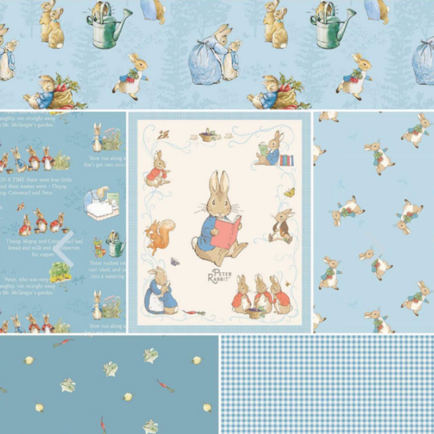 The Tale of Peter Rabbit 1 yd Bundle in Blue - Riley Blake Designs.  Bundle is a total of Six 1 Yd cuts including the main Panel. 100% cotton, digitally printed.