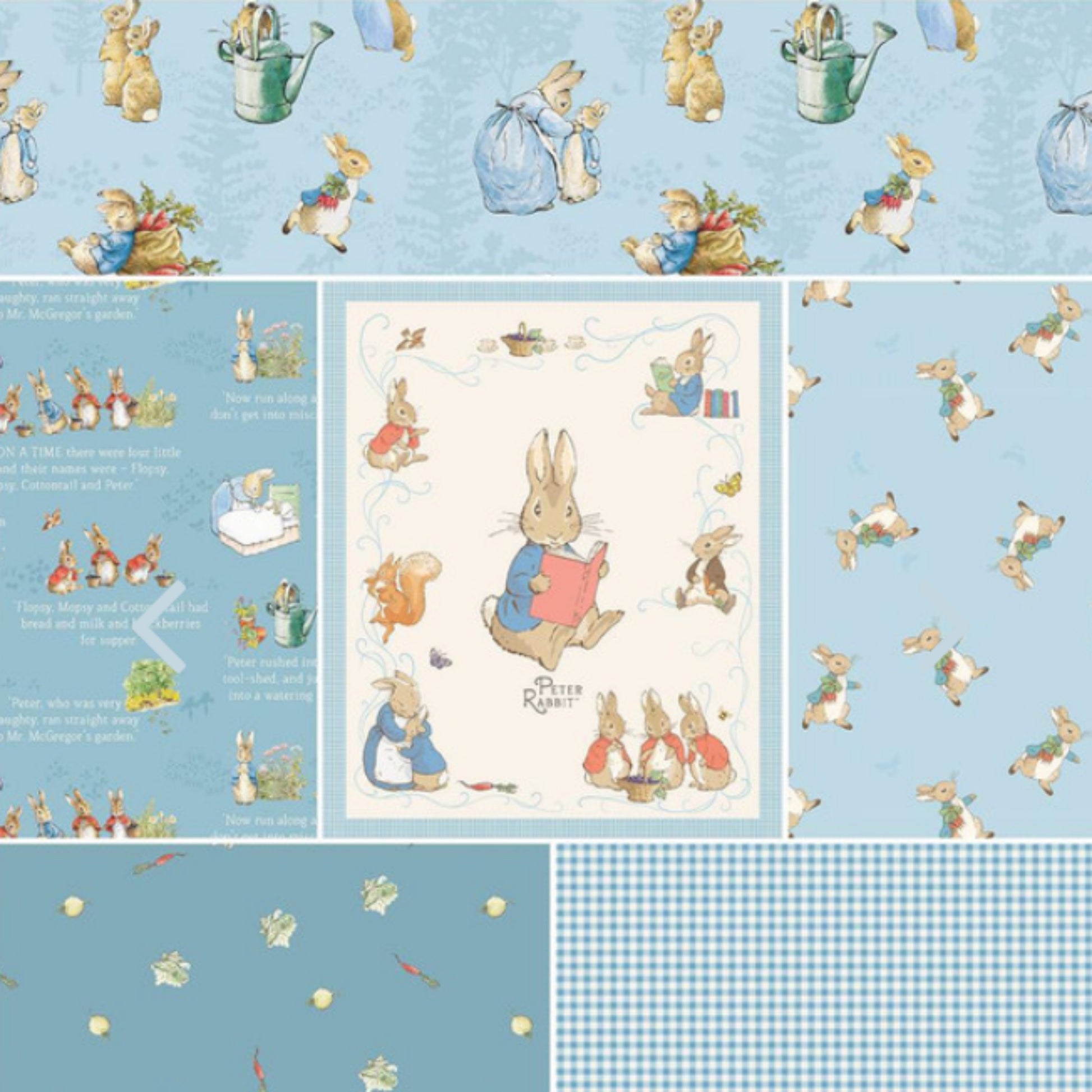 The Tale of Peter Rabbit 1 yd Bundle in Blue - Riley Blake Designs.  Bundle is a total of Six 1 Yd cuts including the main Panel. 100% cotton, digitally printed.