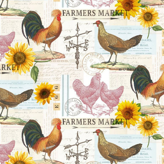 Spring Chickens - Poultry Farmers Market Fabric  - 100% cotton quilting fabric with chickens, roosters and sunflowers on a light cream background.