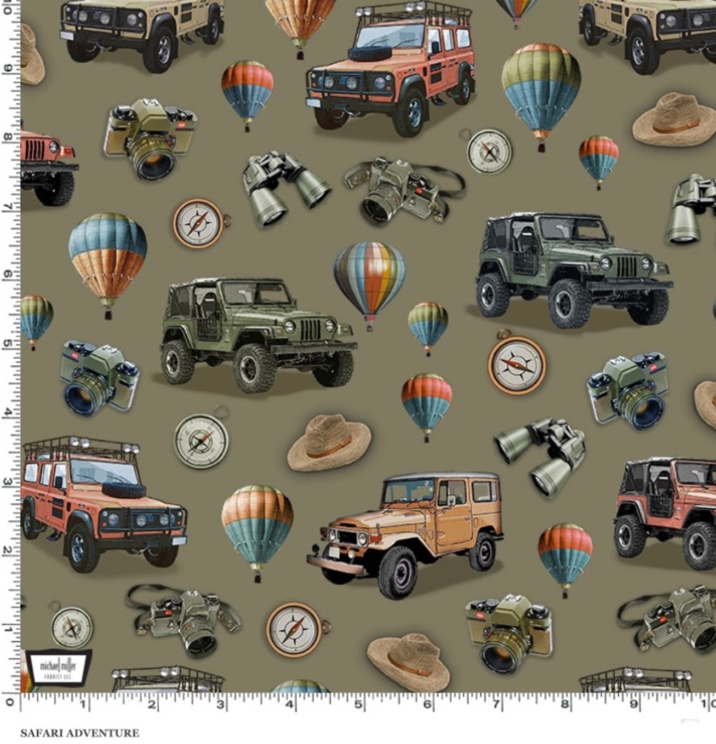 Safari Adventure - Jeeps and Travel Icons - Army Green - Michael Miller Fabrics