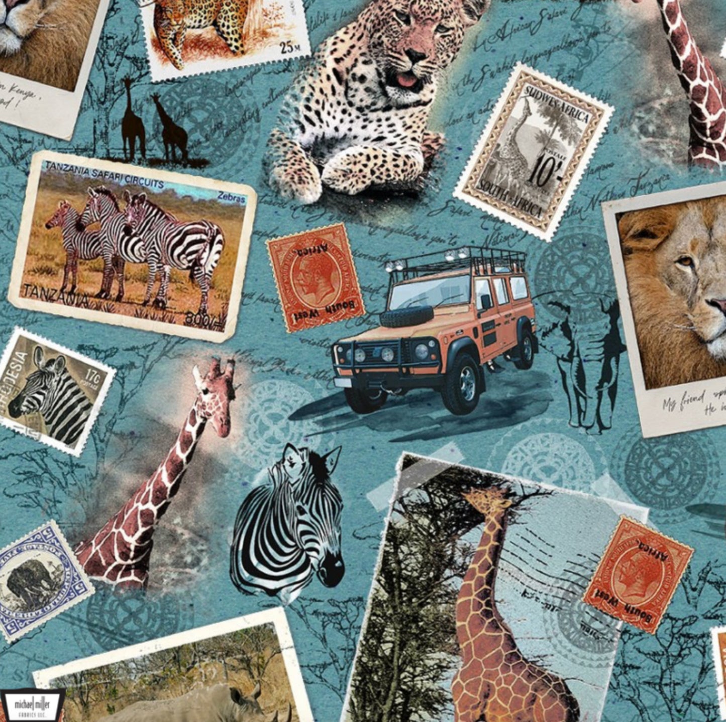 Safari Memories from the Safari Collection by Michael Miller Fabrics - Jeeps and Jungle Animals on an Aqua Background.