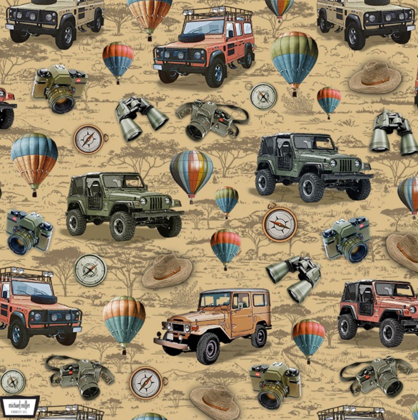 Safari Adventure - Jeeps and Travel Icons - Khaki - Michael Miller Fabrics