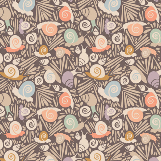 Snails Driftwood - Slow Summer Collection- by Suzy Quilts for Art Gallery Fabrics - SLS99300. Main fabric from the Slow Summer Collection, featuring snails and low volume pastel colors. 100% cotton, digitally printed.