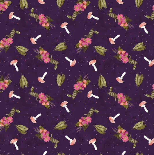 Snake Bouquet - from the Phoebe Collection by Pammie Jane for Dear Stella Designs - DPJ2971 - PURPLE.  Mushrooms, Snakes and Floral set against a dark purple background. 100% cotton, digitally printed.
