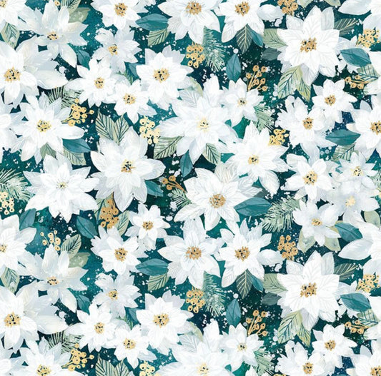 Star Poinsettias - from the Sweater Weather Collection by Clara Jean for Dear Stella Fabrics DCJ2841 Multi - White Poinsettias on an evergreen background, 100% cotton fabric. Digitally printed. New Holiday Collection for Winter 2024, it's never too early to begin your holiday projects!