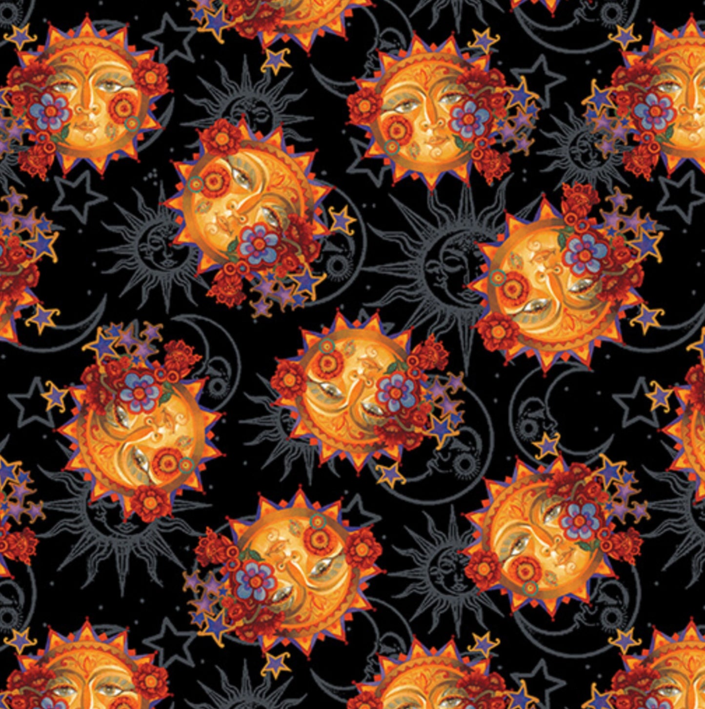 Sun - Black - Moon and Sun Collection by David Galchutt for Artistry Fabrics - Sun faces, florals, and moons set against a black background. 100% cotton, digitally printed.