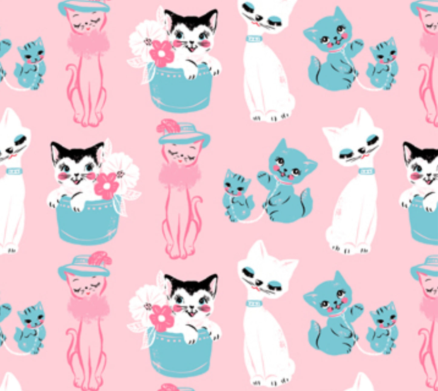 Vintage Cats - Fabric in light pink, from the Thrift Shop Collection by Louise Pretzel for Figo Fabrics.