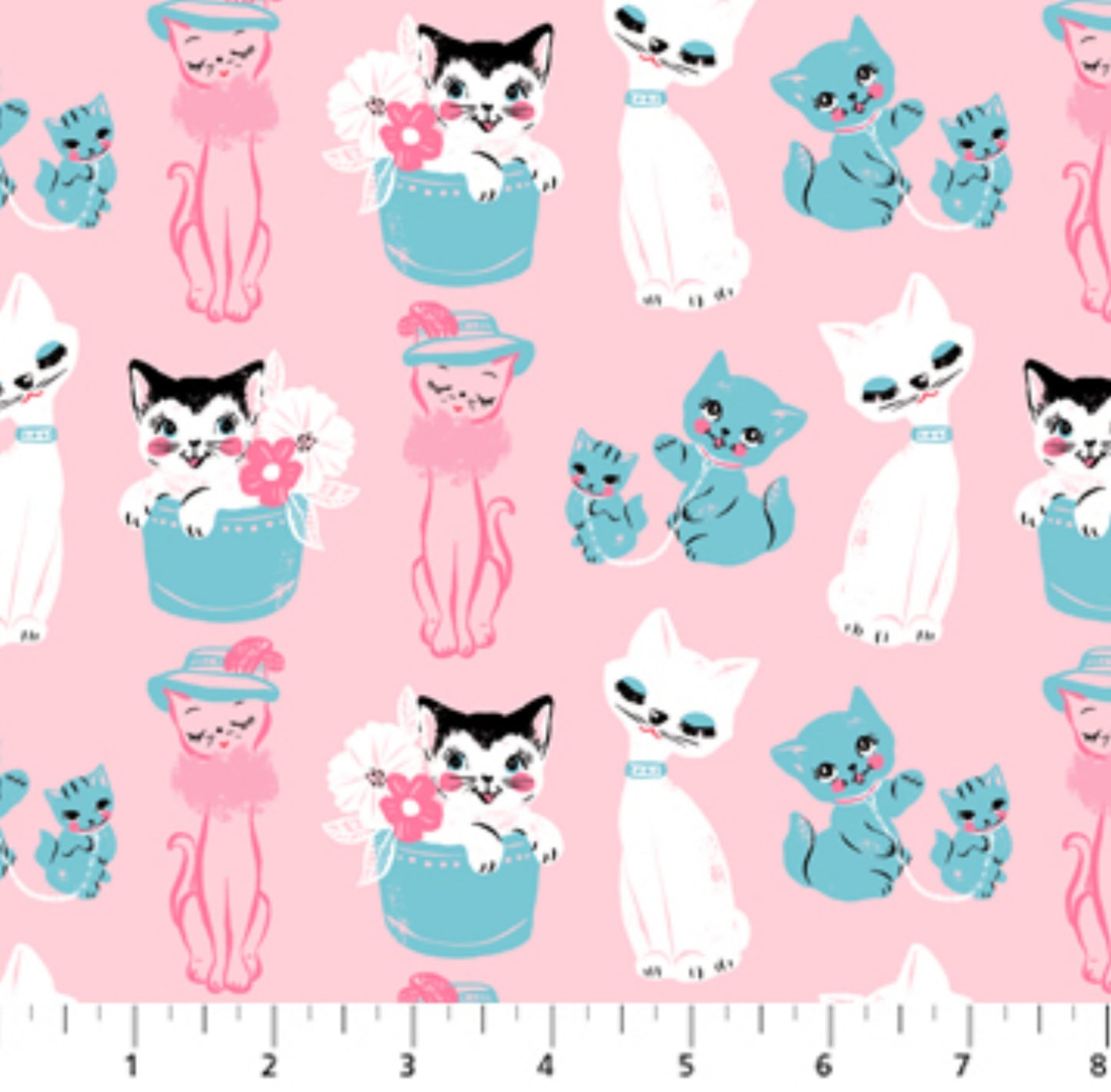 Vintage Cats Fabric - Thrift Shop Collection from Figo Fabrics - Pink - 90761-21