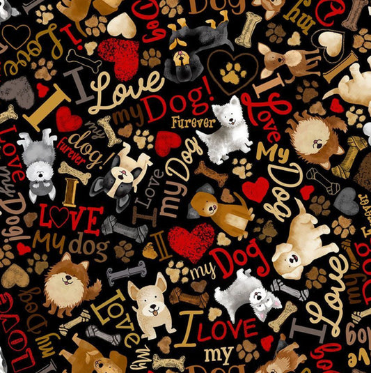 Tossed Dogs and Words - Black - Cd3317 from Timeless Treasures.. Adorable puppy dogs, paw prints, hearts and dog lovers text set against a black background. 100% cotton, digitally printed.
