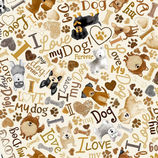 Tossed Dogs and Words Fabric -Cream - Timeless Treasures Fabrics