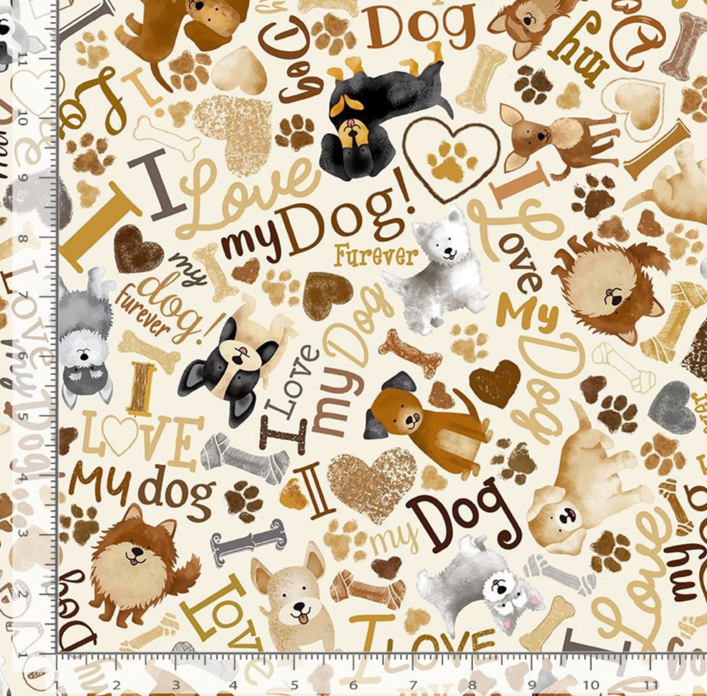 Tossed Dogs and Words Fabric -Cream - Timeless Treasures Fabrics