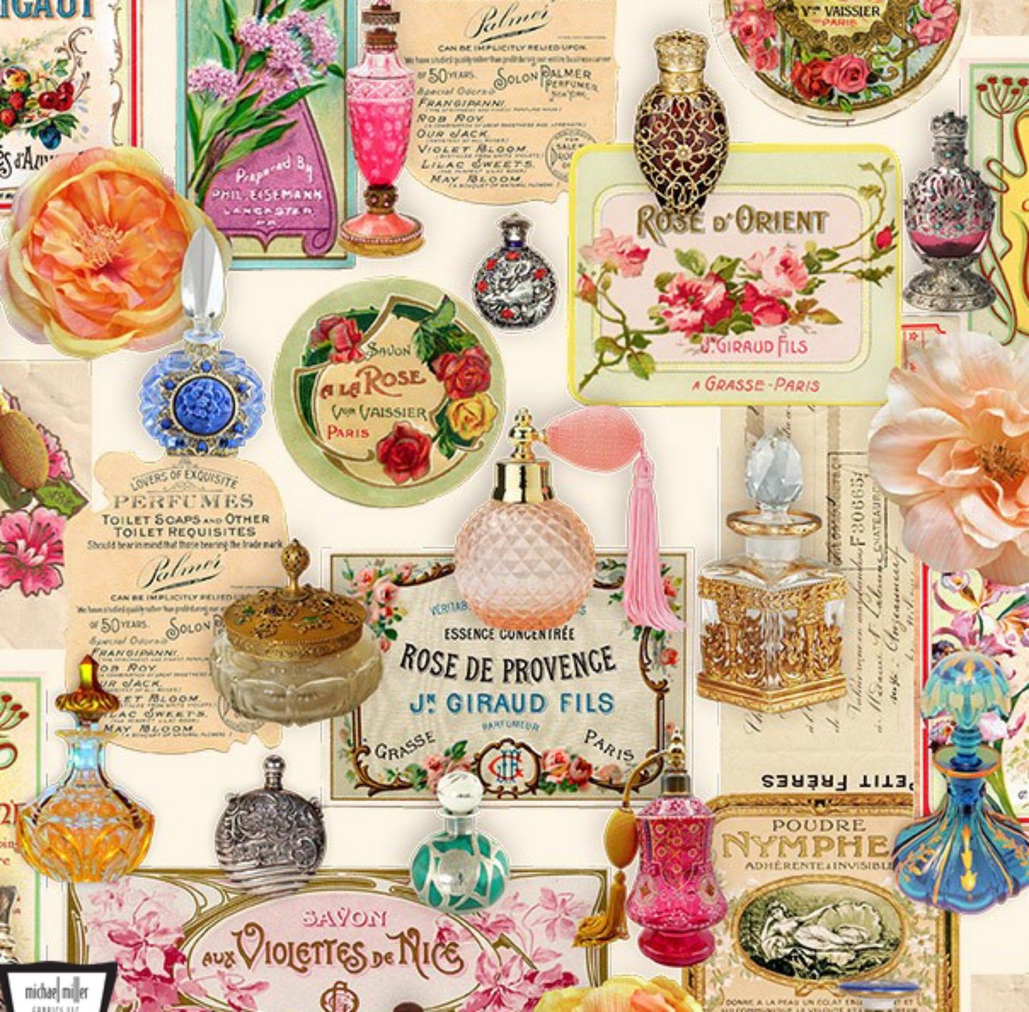 Vintage Perfumes Fabric from the Gilded Age Collection - Michael Miller Fabrics