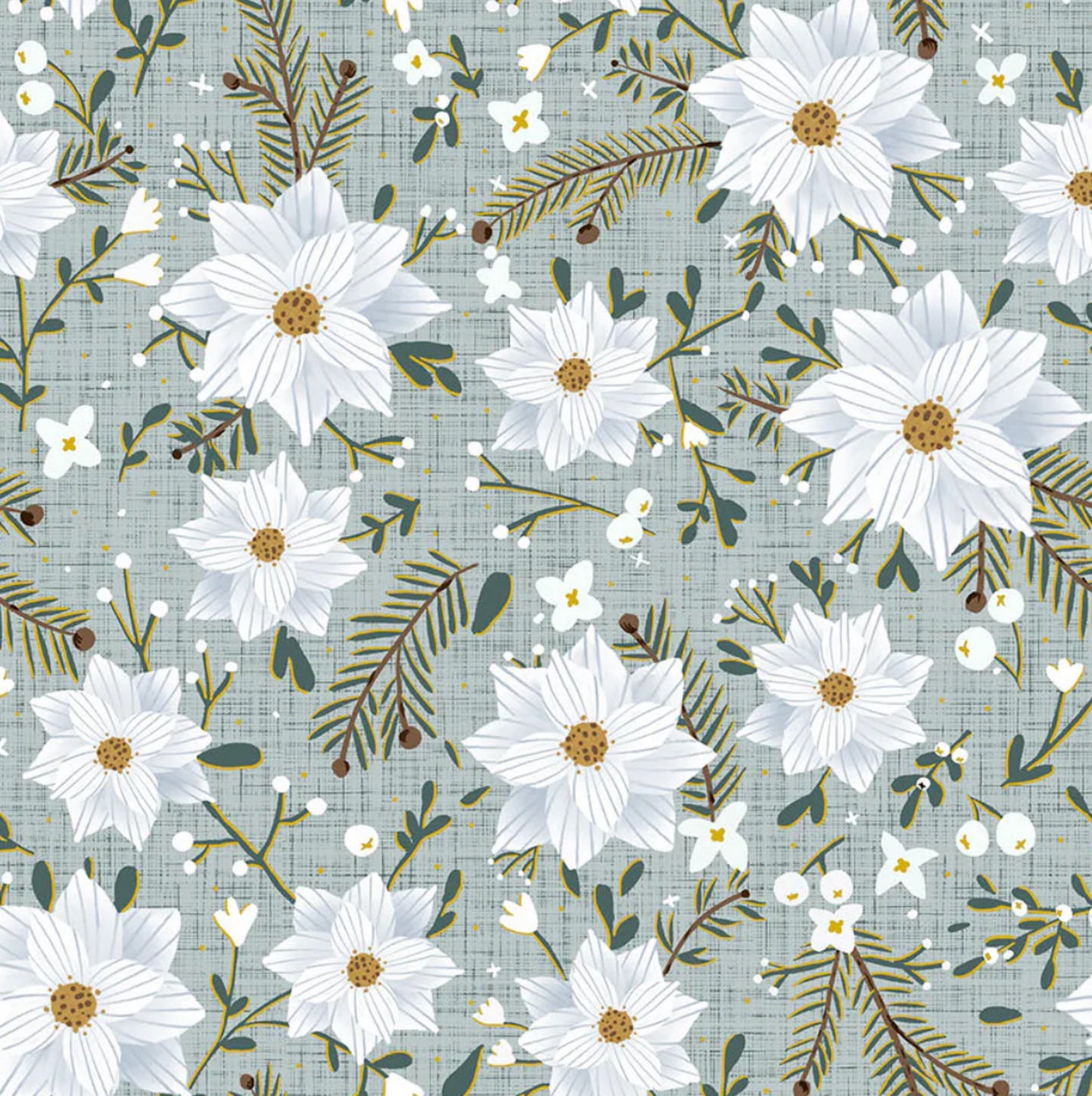 Winter Dreams - Winter Flowers Mint Fabric with gold metallic accents. By Bernadette Urbanovics for Figo Fabrics. 100% cotton, digitally printed.