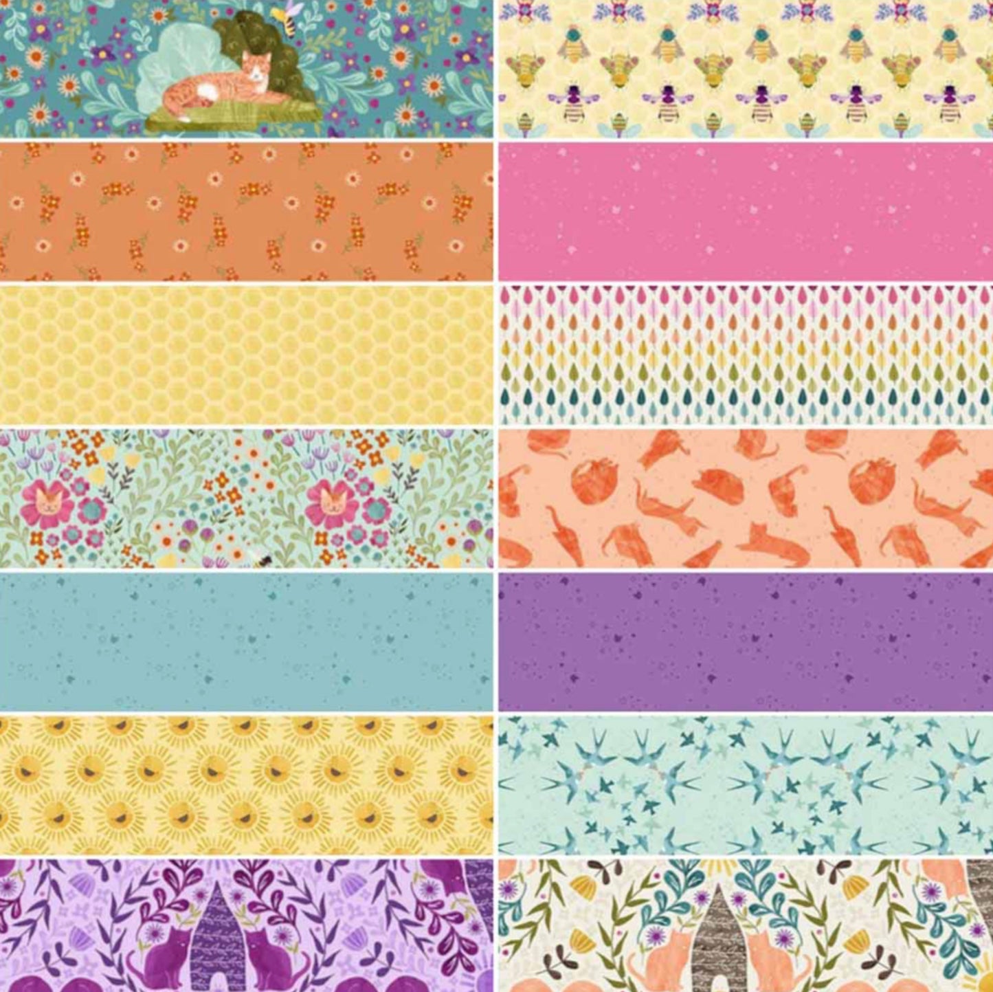 Curiosity Blooms Layer Cake Fabrics. From the Curious Garden Collection by Pammie Jane for Dear Stella Fabrics. We have additional fabrics by the yard from this collection, which is purrfect for cat lovers everywhere!