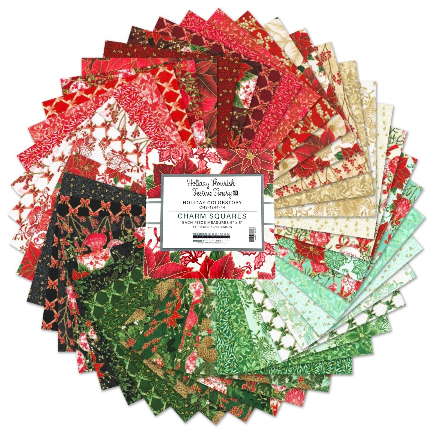 Holiday Flourish Festive Finery 2024 Charm Pack - Holiday Colorstory Charm Pack 5 x 5" - 42 pcs. Complete collection. 100% cotton, digitally printed. 