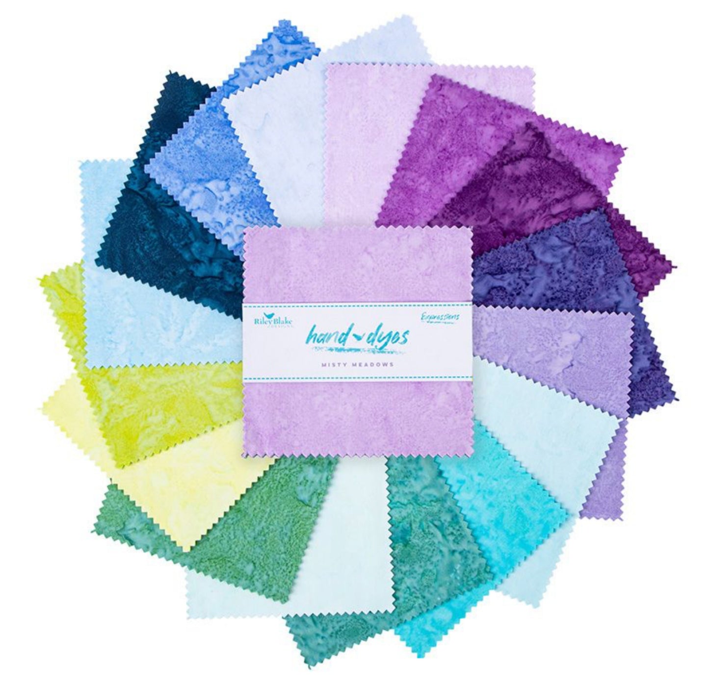 Expressions Batiks - Hand Dyes - Misty Meadows - 5in Stacker -This Misty Meadows 5" Stacker precut bundle includes 42 pieces from the Hand-Dyes Basic Collection for Riley Blake Designs. Each print in the Misty Meadows colorway will be included 2-3 times in the bundle. 100% cotton.