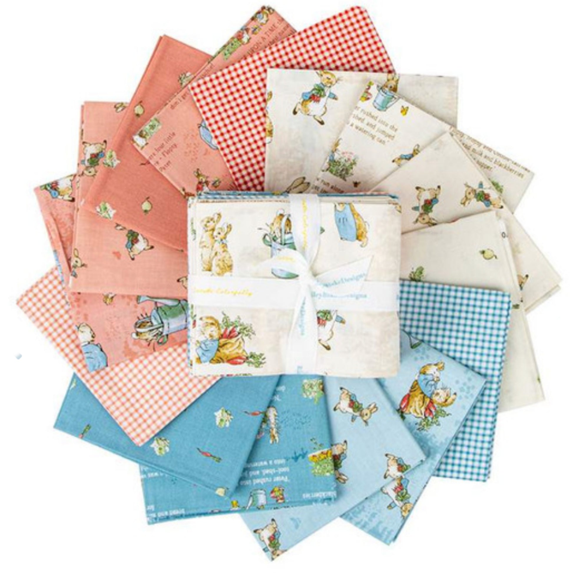 The Tale of Peter Rabbit FQ Bundle - Riley Blake Designs - 15 Fat Quarters featuring the characters from the celoved children's tale, ginghams and coordinating fabrics. 100 cotton, digitally printed.